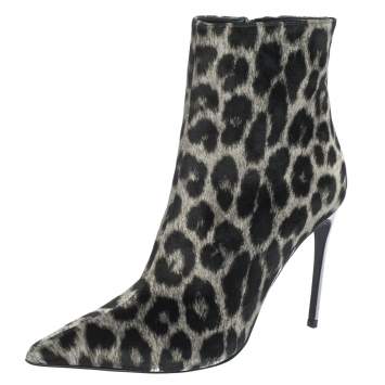 Pre Owned Stella McCartney Black Leopard Print Velvet Pointed Toe Ankle Booties Size 37