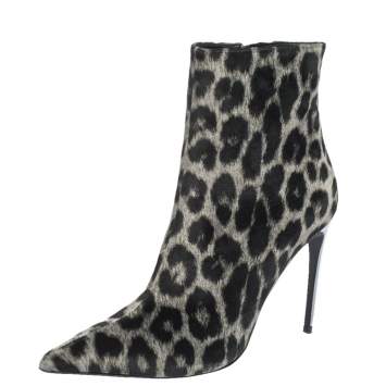 Pre Owned Stella McCartney Black Leopard Print Velvet Pointed Toe Ankle Booties Size 39