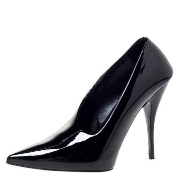 Pre Owned Stella McCartney Black Faux Patent Leather V Neck Pointed Toe Pumps Size 35.5