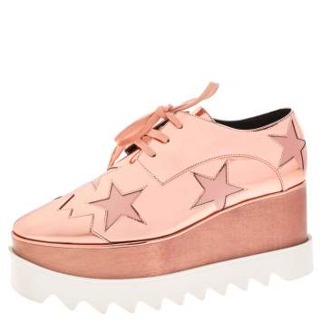 Pre Owned Stella McCartney Metallic Bronze Faux Leather Elyse Platform Lace Up Sneakers Size 37