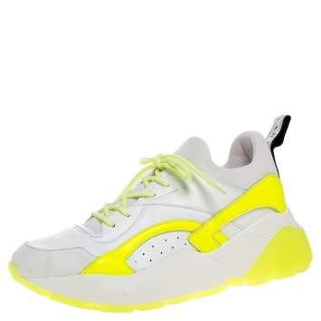 Pre Owned Stella McCartney White/Neon Green Faux Leather/Fabric Eclypse Lace Sneakers Size 41