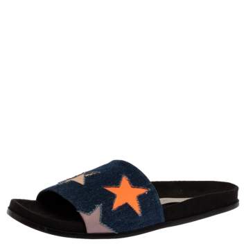 Pre Owned Stella McCartney Blue Denim Fabric Star Flat Slides Size 41