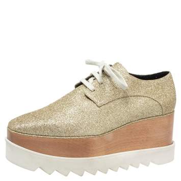 Pre Owned Stella McCartney Metallic Gold Glitter Elyse Platform Derby Sneakers Size 40