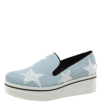 Pre Owned Stella McCartney Light Blue Denim Binx Star Platform Slip On Sneakers Size 41