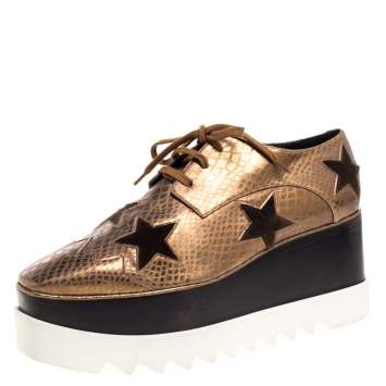 Pre Owned Stella Mccartney Metallic Bronze Embossed Faux Leather Elyse Platform Lace Up Sneakers Size 41