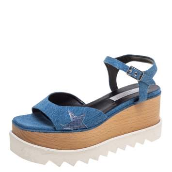 Pre Owned Stella McCartney Blue Denim Elyse Platform Ankle Strap Sandals Size 39.5
