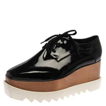 Pre Owned Stella McCartney Black Faux Patent Leather Elyse Platform Derby Sneakers Size 41