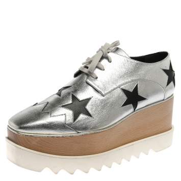 Pre Owned Stella McCartney Silver/Black Faux Leather Elyse Star Platform Derby Size 41