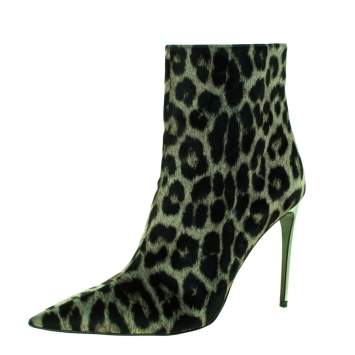Pre Owned Stella McCartney Green/Black Animal Print Velvet Pointed Toe Ankle Booties Size 36
