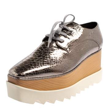 Pre Owned Stella McCartney Metallic Silver Snake Embossed Faux Leather Elyse Platform Derby Sneakers Size 39