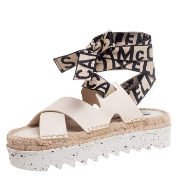Pre Owned Stella McCartney Cream Faux Leather Gaia Ankle Wrap Espadrille Sandals Size 36