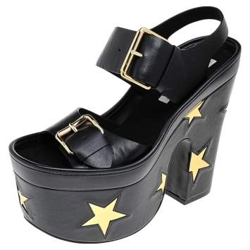 Pre Owned Stella McCartney Black/Gold Faux Leather Star Platform Sandals Size 37.5