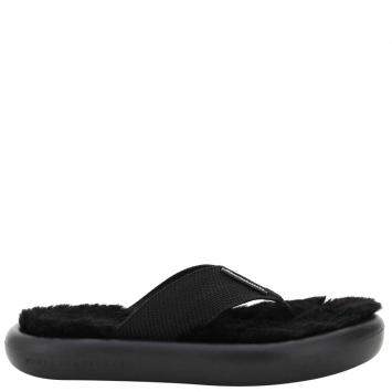 Pre Owned Stella McCartney Black Faux Fur Air Thong Flats Size IT 39