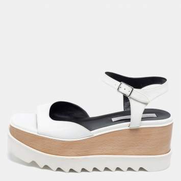 Pre Owned Stella McCartney White Faux Leather Ankle Strap Wedge Sandals Size 39.5