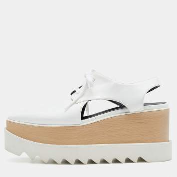 Pre Owned Stella McCartney White Faux Leather Elyse Cutout Platform Derby Size 38