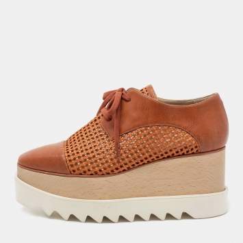 Pre Owned Stella McCartney Tan Woven Faux Leather Elyse Lace-Up Platform Derby Sneakers Size 37.5