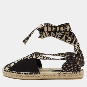 Pre Owned Stella McCartney Black/Beige Canvas And Fabric Gaia Macrame Ankle Wrap Espadrille Flats Size 38