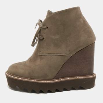 Pre Owned Stella McCartney Olive Green Faux Suede Leana Wedge Boots Size 37