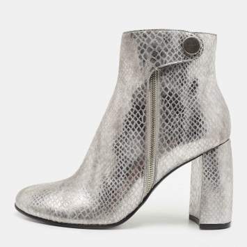 Pre Owned Stella McCartney Metallic Silver Python Embossed Faux Leather Ankle Boots Size 40