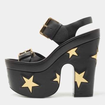 Pre Owned Stella McCartney Black Faux Leather Platform Ankle Strap Sandals Size 38