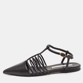 Pre Owned Stella McCartney Black Faux Leather Strappy Slingback Flat Sandals Size 37