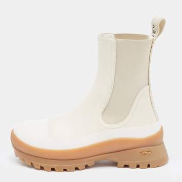Pre Owned Stella McCartney White Faux Leather and Fabric Chelsea Boots Size 39