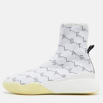 Pre Owned Stella McCartney White/Black Monogram Knit Fabric Loop Sneakers Size 39