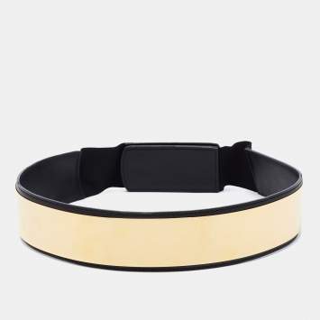 Pre Owned Stella McCartney Black Faux Leather Gold Tone Metal Plate Waist Belt 75 CM