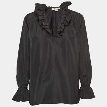 Pre Owned Stella McCartney Black Silk Blend Crepe Ruffled V Neck Top S