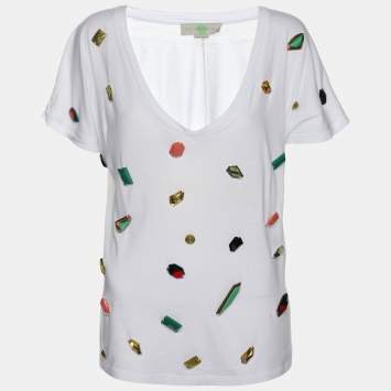 Pre Owned Stella McCartney White Cotton Natural Stones Detail V Neck T-Shirt S