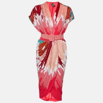 Pre Owned Stella McCartney Fuchsia Pink Embellished Crepe Wrap Dress L