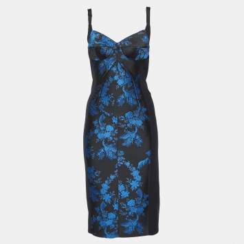 Pre Owned Stella McCartney Black Stretch Crepe Floral Jacquard Paneled Bustier Midi Dress S