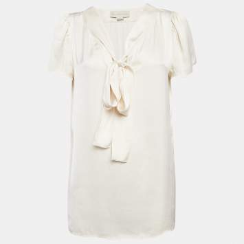 Pre Owned Stella McCartney Cream Satin Tie-Up Neck Blouse M