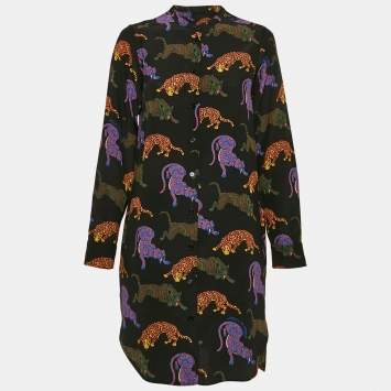 Pre Owned Stella McCartney Black Cats Print Silk Shirt Dress XS