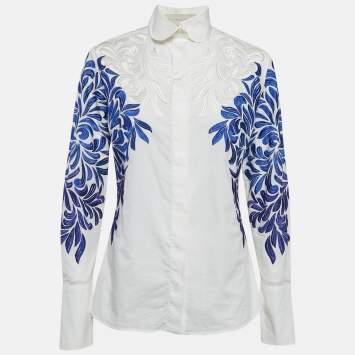 Pre Owned Stella McCartney White/Blue Embroidered Cotton Long Sleeve Shirt S