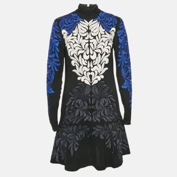 Pre Owned Stella McCartney Black/ Blue Embroidered Crepe Flounce Mini Dress S