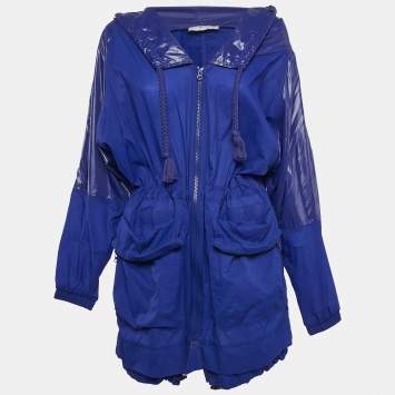 Pre Owned Adidas x Stella McCartney Blue Coated Nylon Cinched Waist Windbreaker Hoodie Jacket XS