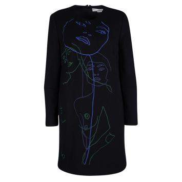 Pre Owned Stella McCartney Black Wool Embroiderd Faces Long Sleeve Melton Shift Dress S