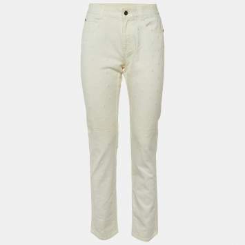 Pre Owned Stella McCartney Ivory Star Embroidered Cotton Slim Fit Jeans M/Waist 32"