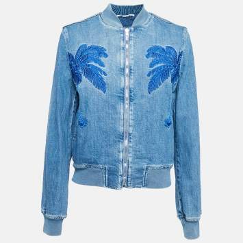 Pre Owned Stella McCartney Blue Palm Tree Embroidered Denim Zip-Up Jacket M