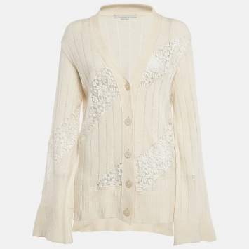 Pre Owned Stella McCartney Cream Cashmere Lace Detail Button Front Cardigan M