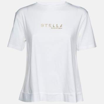 Pre Owned Stella McCartney White Cotton Logo Embossed Crew Neck T-Shirt M