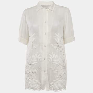 Pre Owned Stella McCartney White Embroidered Cambric Cotton Blend Button Front Blouse M