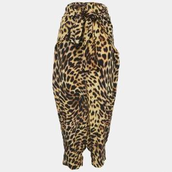 Pre Owned Stella McCartney Brown Leopard Print Silk Tie-Up Trousers M