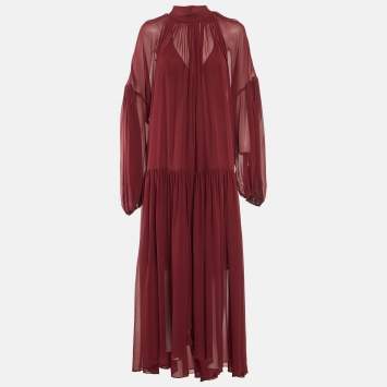 Pre Owned Stella McCartney Burgundy Silk Chiffon Maxi Dress L