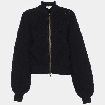 Stella McCartney Navy Blue Tweed Zip Bomber Jacket S