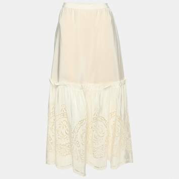 Pre Owned Stella McCartney Light Blush Pink Silk Broderie Anglaise Long Skirt M
