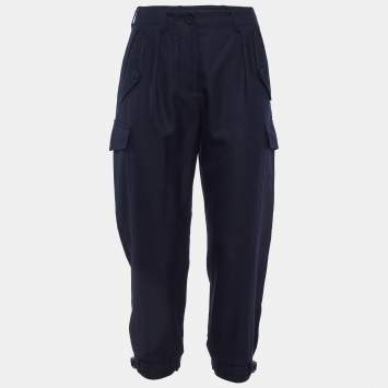 Pre Owned Stella McCartney Navy Blue Wool Belted Cuff Detail Trousers M