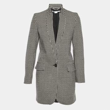 Pre Owned Stella McCartney Monocrome Houndstooth Pattern Wool Mid Length Coat M