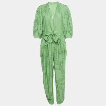 Pre Owned جمبسوت ستيلا مكارتني جاكار أخضر تفاصيل رباط عند الخصر مقاس متوسط - ميديم